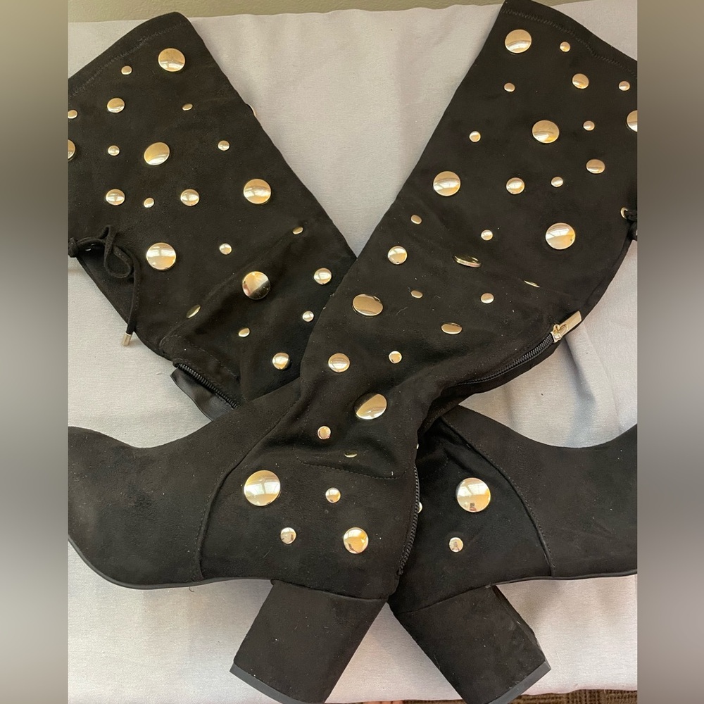 2 Lips Too Black Low Heeled Boots with Gold Stud Accents